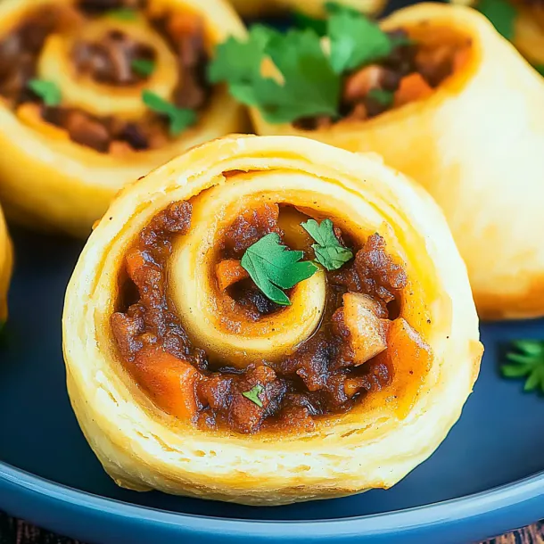A plate of food with a pastry and meat.