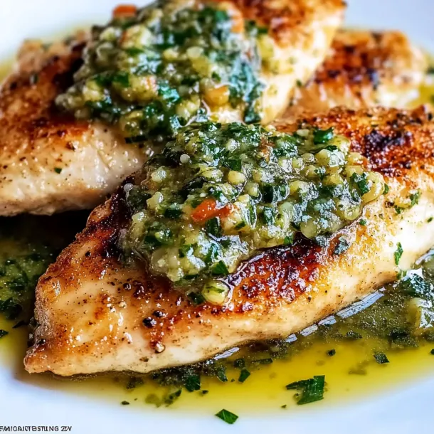 Chicken with sauce and herbs.