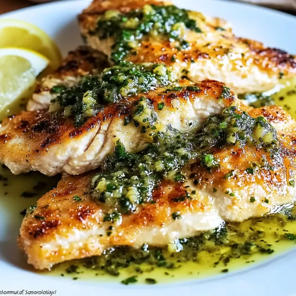 A plate of fish with a lemon wedge on the side.