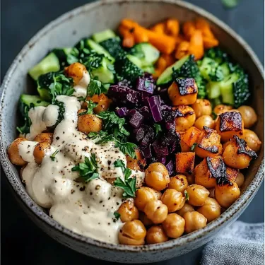 A bowl of vegetables with a white sauce.
