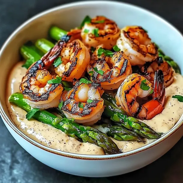 A bowl of shrimp and asparagus.
