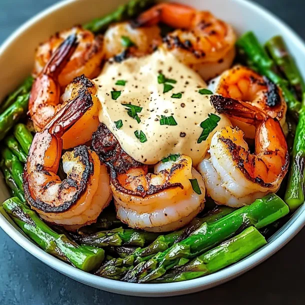 A bowl of shrimp and asparagus.