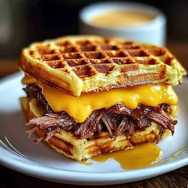 A waffle sandwich with meat and cheese.