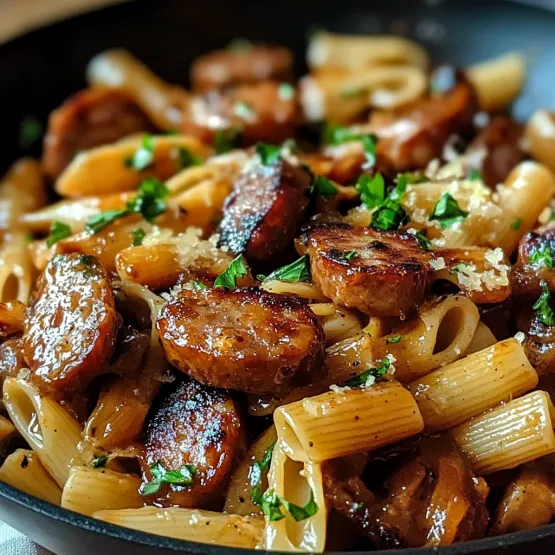 A bowl of pasta with sausage and green herbs.