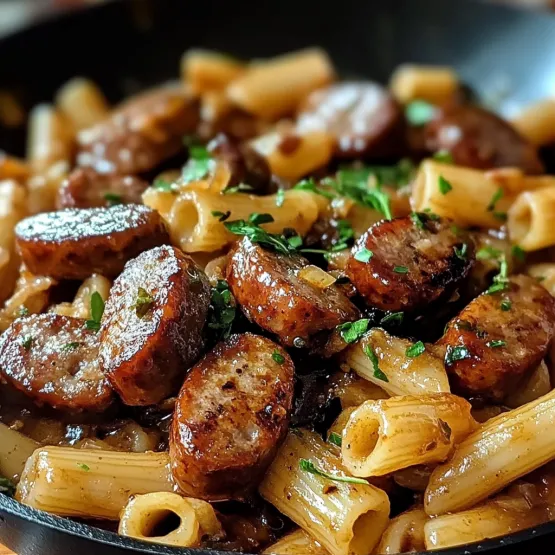 A bowl of pasta with meat and vegetables.
