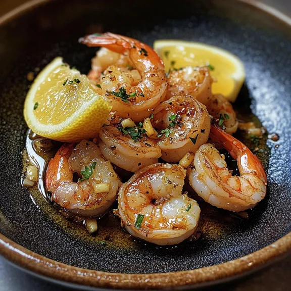 A bowl of shrimp with lemon slices.