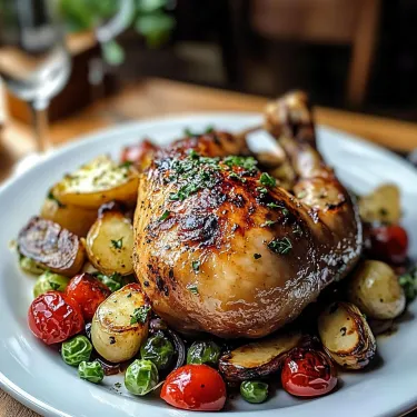 A plate of food with a chicken and potatoes.
