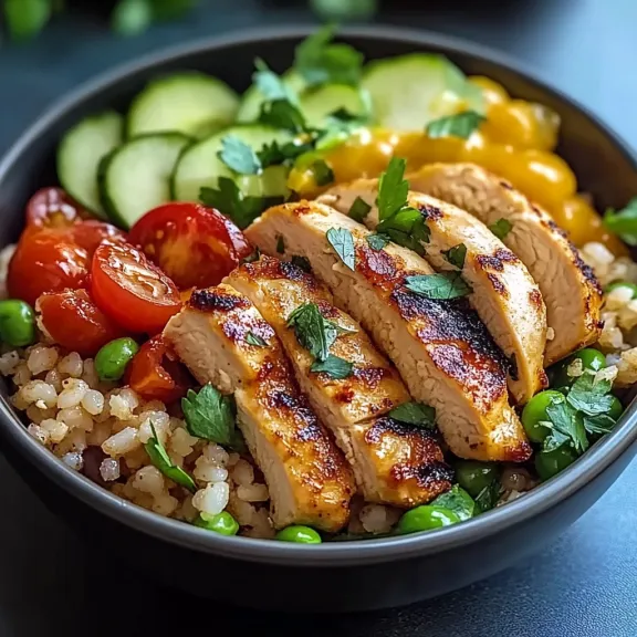 A bowl of food with chicken, tomatoes, and peppers.