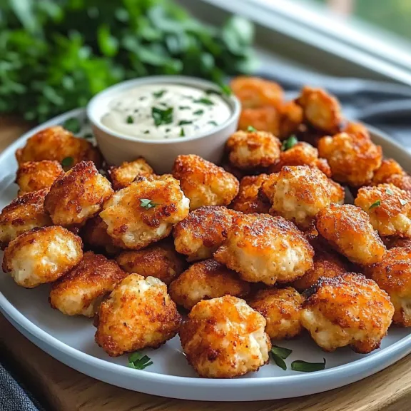 A plate of fried food with a dipping sauce.