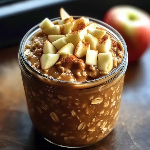 A glass of food with apples on top.