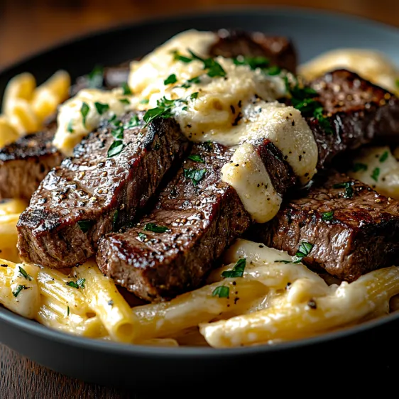 A plate of food with meat and pasta.