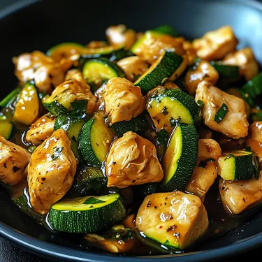 A bowl of chicken and zucchini.