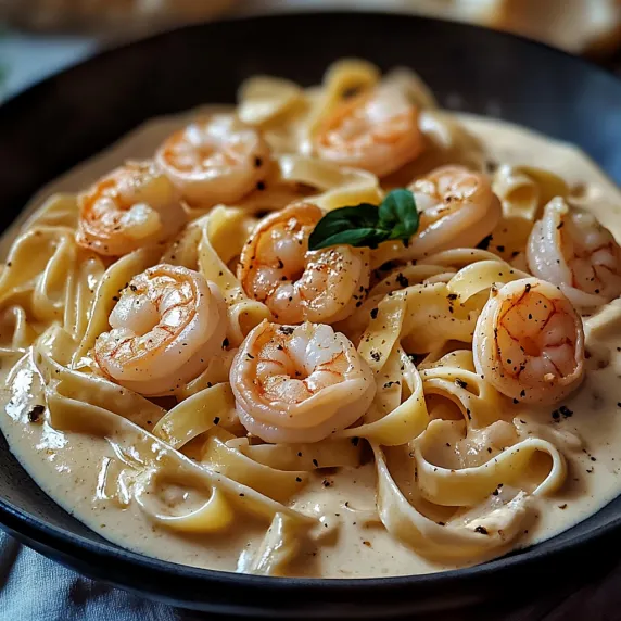 A bowl of shrimp and pasta.