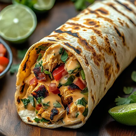 A burrito with chicken and tomatoes.