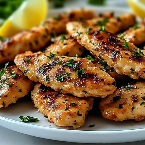 A plate of chicken with lemon wedges on top.