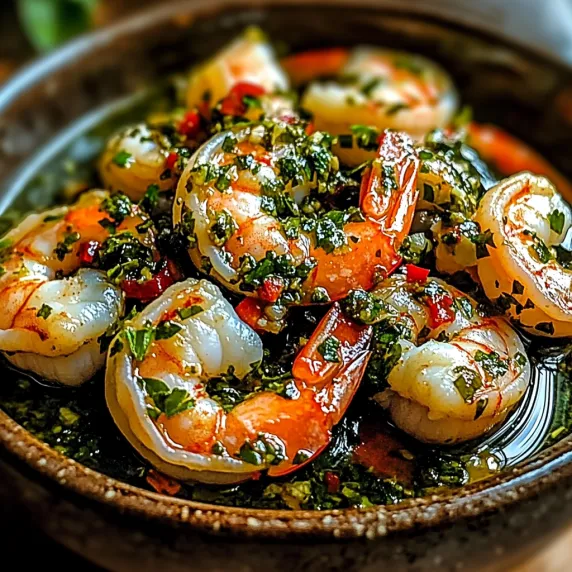 A bowl of shrimp with a green sauce.