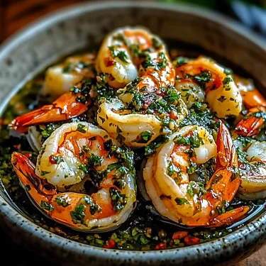 A bowl of shrimp with green herbs.