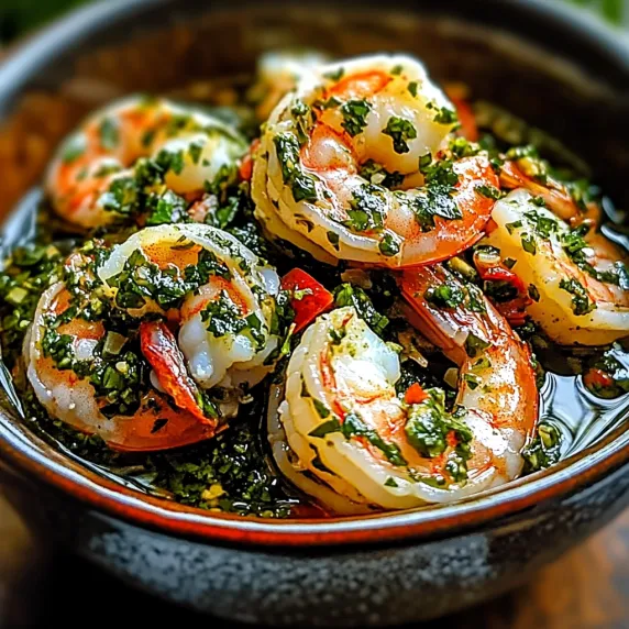 A bowl of shrimp with green sauce.