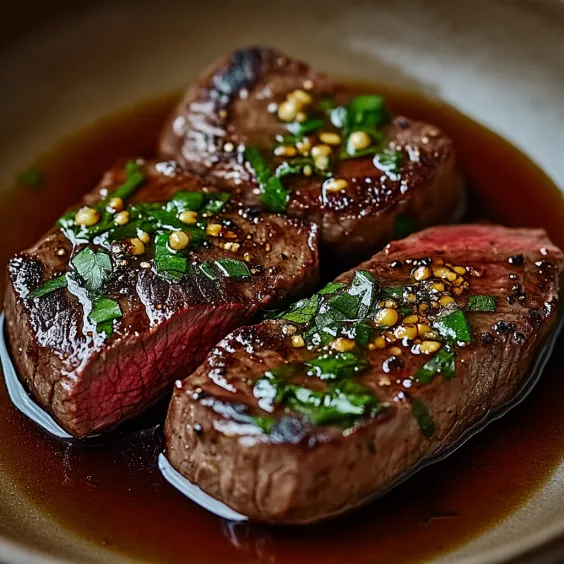 Two pieces of meat with herbs on top.
