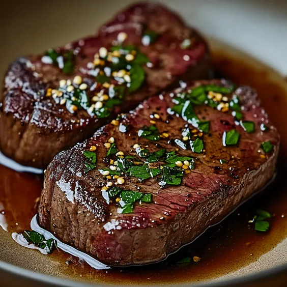 Two pieces of meat with herbs on them.