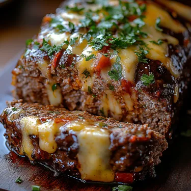 A slice of meat with cheese and herbs on top.