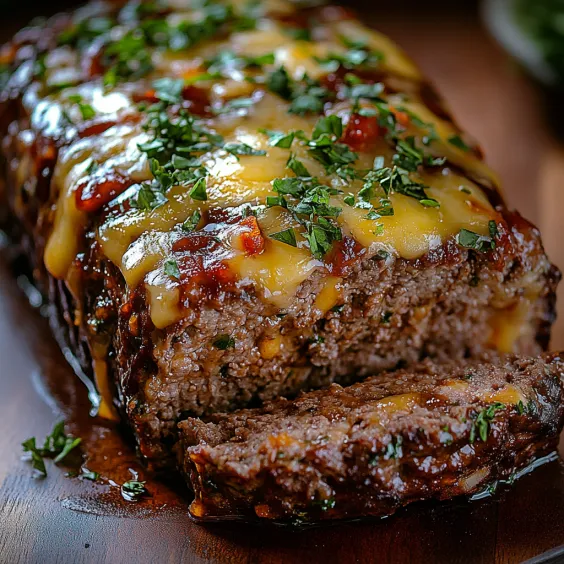 A piece of meat with cheese and herbs on it.