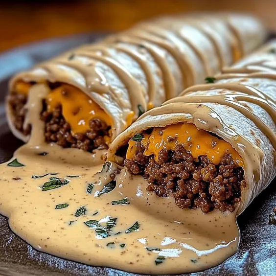 A plate of food with a sauce dripping off of it.