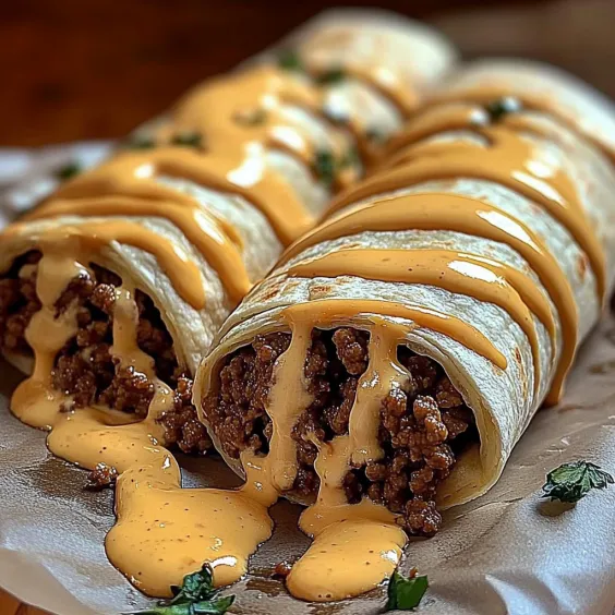 Two burritos with cheese and sauce on a white plate.