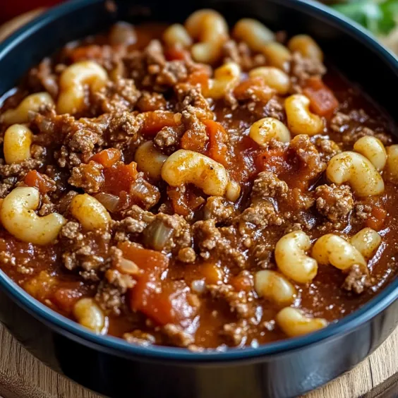 A bowl of chili with pasta and meat.