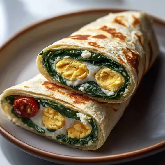 A burrito with eggs and tomatoes.