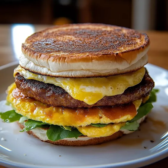 A sandwich with egg, cheese and bacon on a white plate.