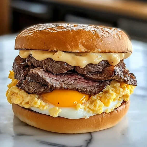 A close up of a hamburger with egg and cheese.