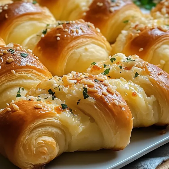 A plate of croissants with cheese and herbs.