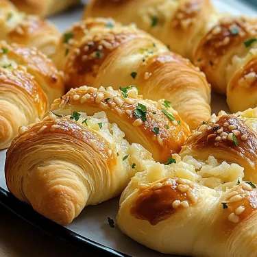 A plate of croissants with green herbs on top.