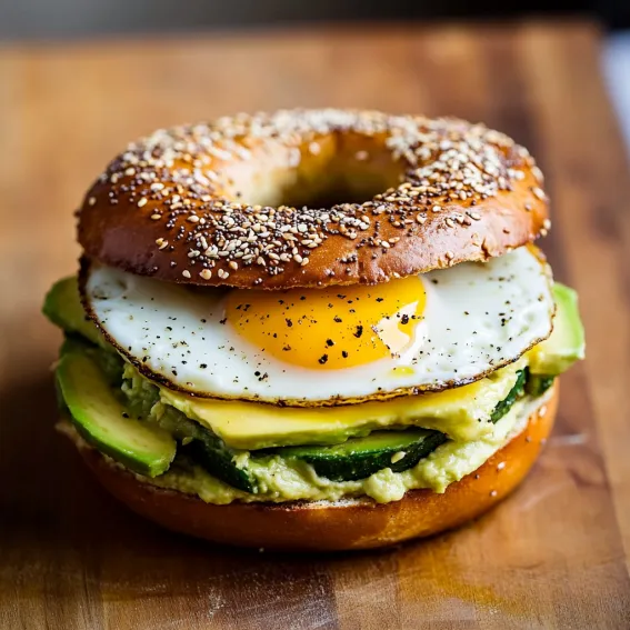 A bagel sandwich with eggs, avocado, and sprinkled with sesame seeds.