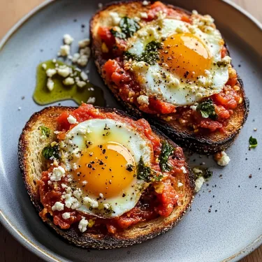 Two pieces of toast with eggs on top.