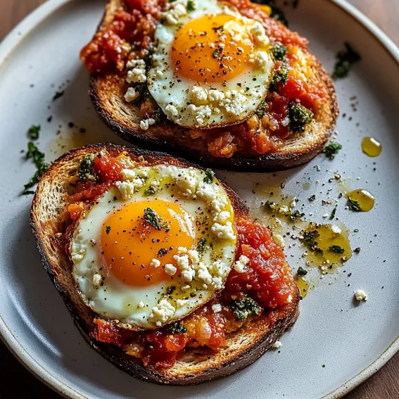 Two pieces of bread with eggs on top.