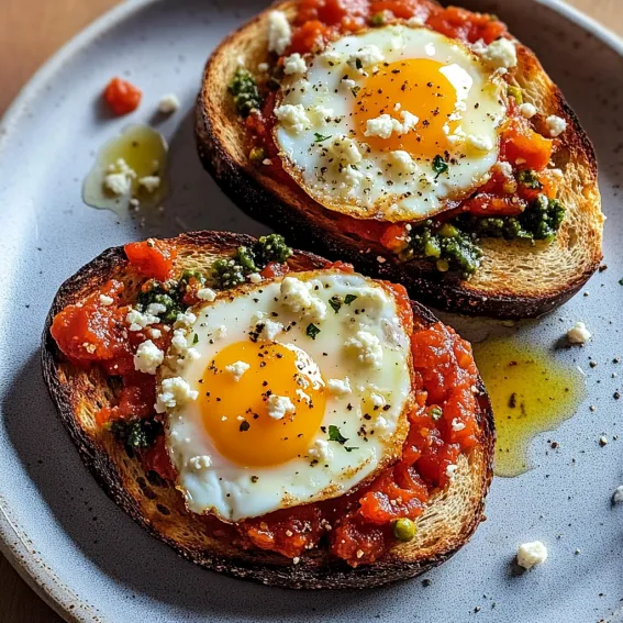 Two pieces of toast with fried eggs on top.