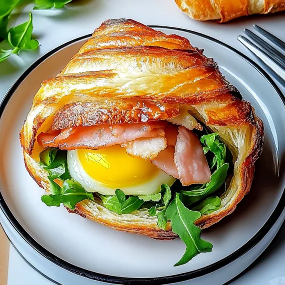 A breakfast sandwich with eggs, bacon, and lettuce.