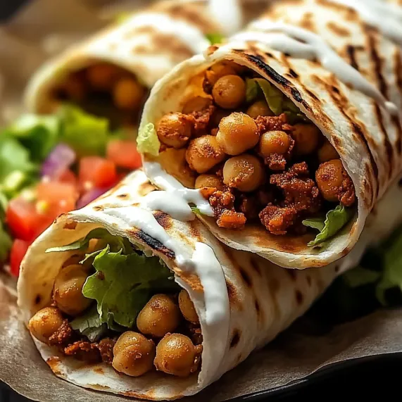 A wrap with chickpeas and white sauce.