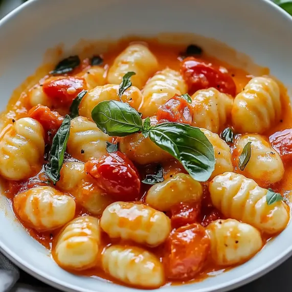 A bowl of pasta with tomatoes and basil.