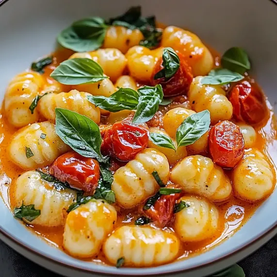 A bowl of pasta with tomatoes and basil.