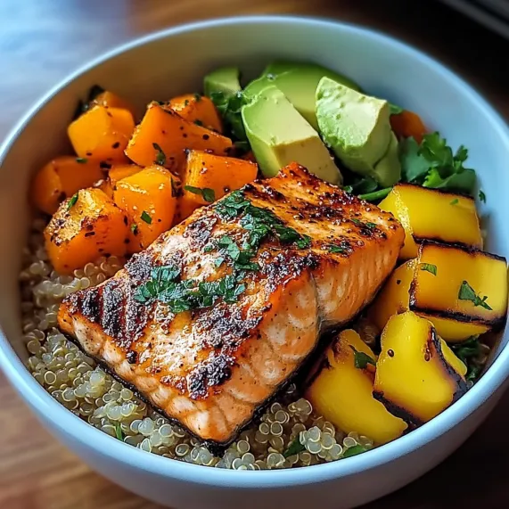 A bowl of food with fish and vegetables.