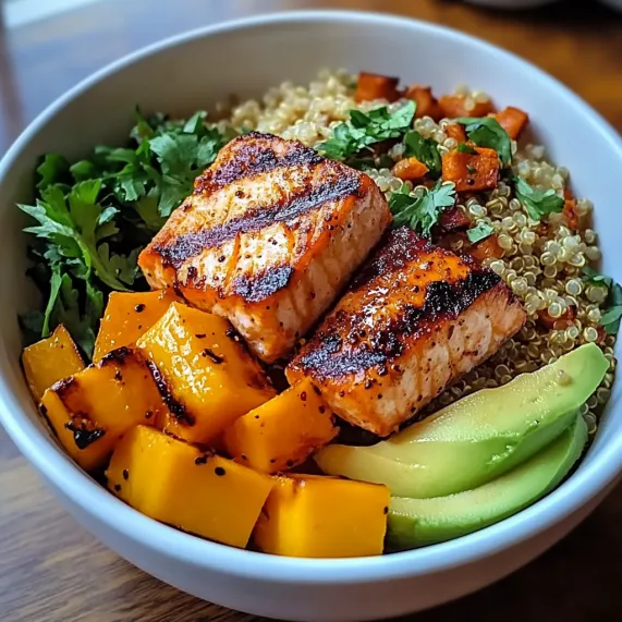 A bowl of food with fish, avocado, and vegetables.