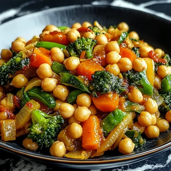 A plate of food with chickpeas, broccoli, and carrots.