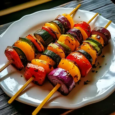 A plate of colorful vegetable skewers.