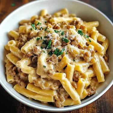 A bowl of pasta with meat and cheese.