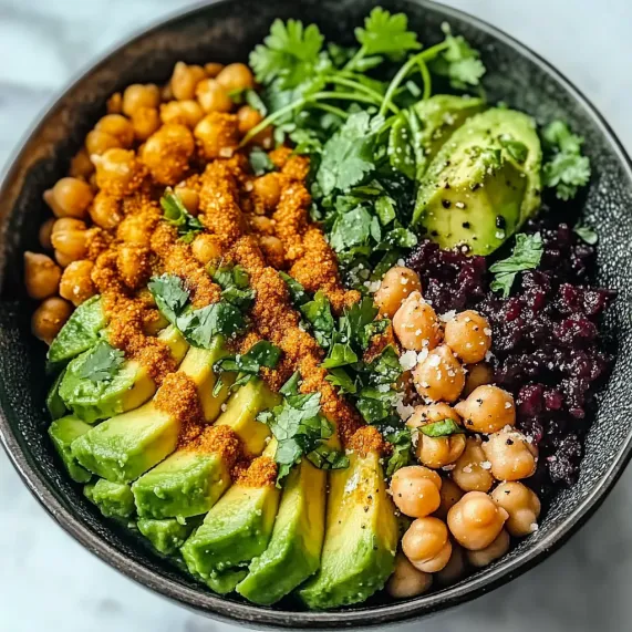 A bowl of food with avocado, chickpeas, and other vegetables.