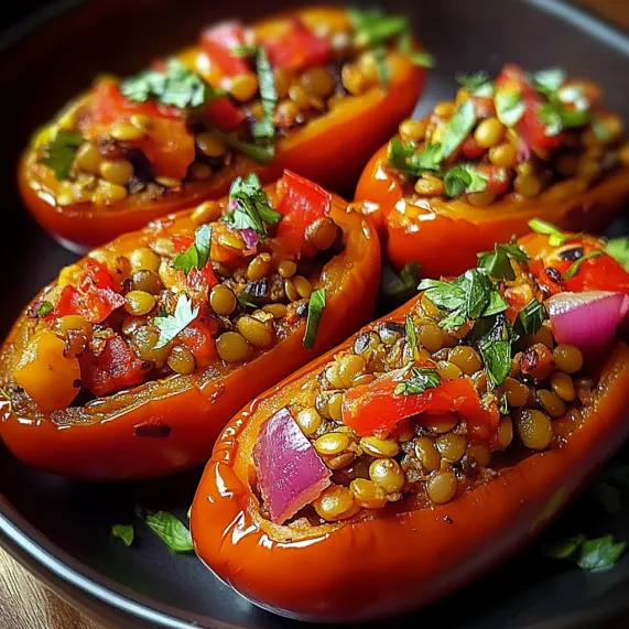 A plate of sliced peppers with beans and tomatoes.
