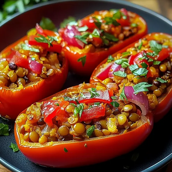 Three sliced red peppers with green toppings.